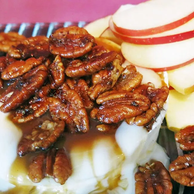 Warm Caramel Brie with Spicy Pecans