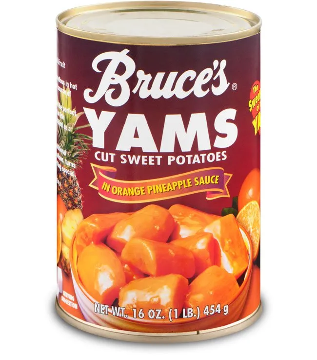 Can of BRUCE'S YAMS CUT SWEET POTATOES IN ORANGE PINEAPPLE SAUCE